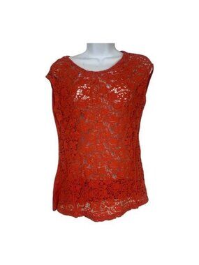 The Limited Womens Small Orange Sleeveless Floral Lace Overlay Top Round Neck